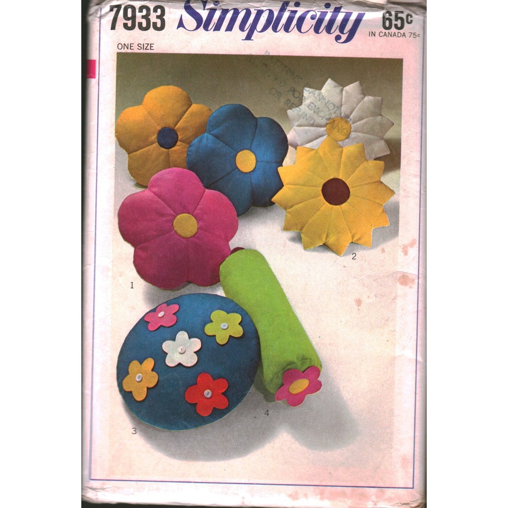 Vintage 1968 Simplicity 7933 Set of Pillows Sewing Pattern Flower Bolster Round